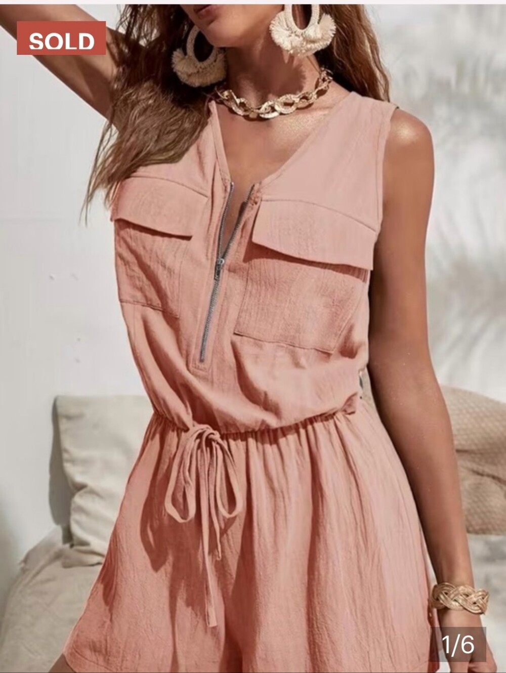 Peach Sleeveless Romper with Front Zip